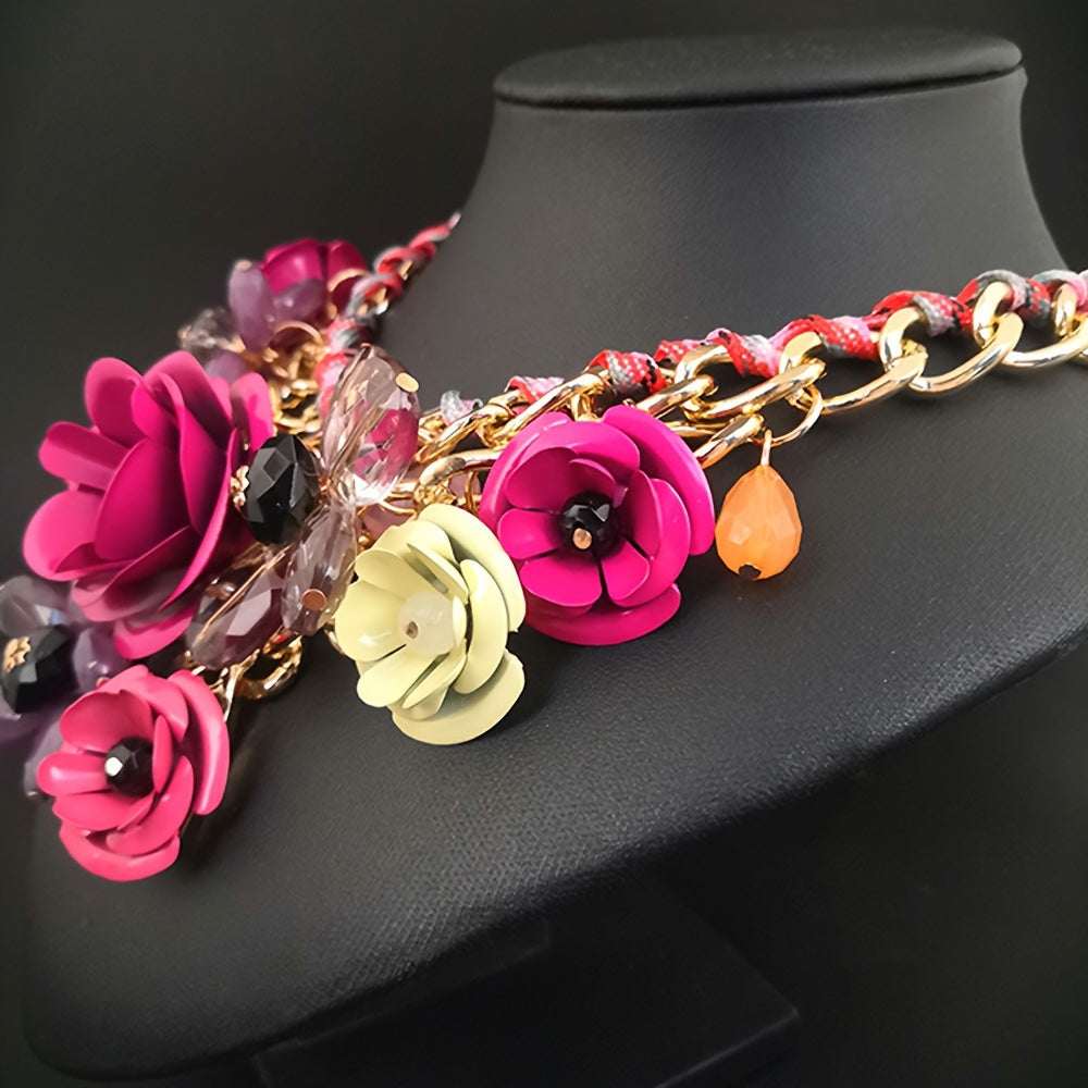 Women’s Metal Collarbone Chain Necklace with Floral Design and Crystal Pendant