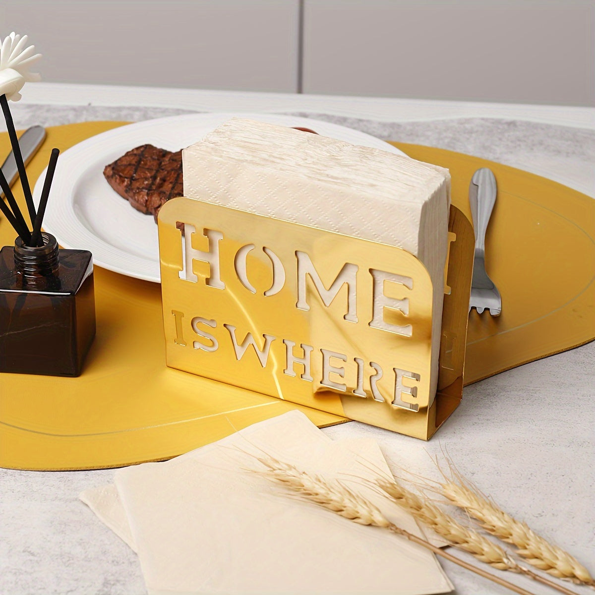 Square Metal Tissue Storage Rack with Fork and Spoon Holder for Dining Table