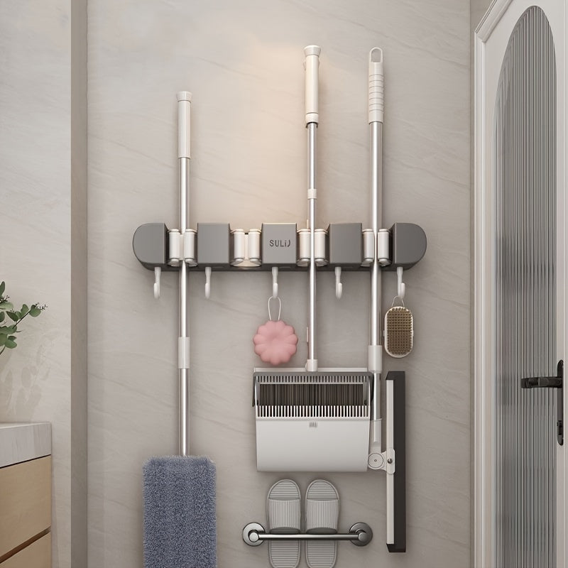 Gancho para fregona de montaje en pared, estante de almacenamiento de plástico sin taladro para baño y balcón