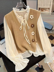 Women's Sleeveless Knit Vest with Floral Pattern and V-Neck for Spring and Fall