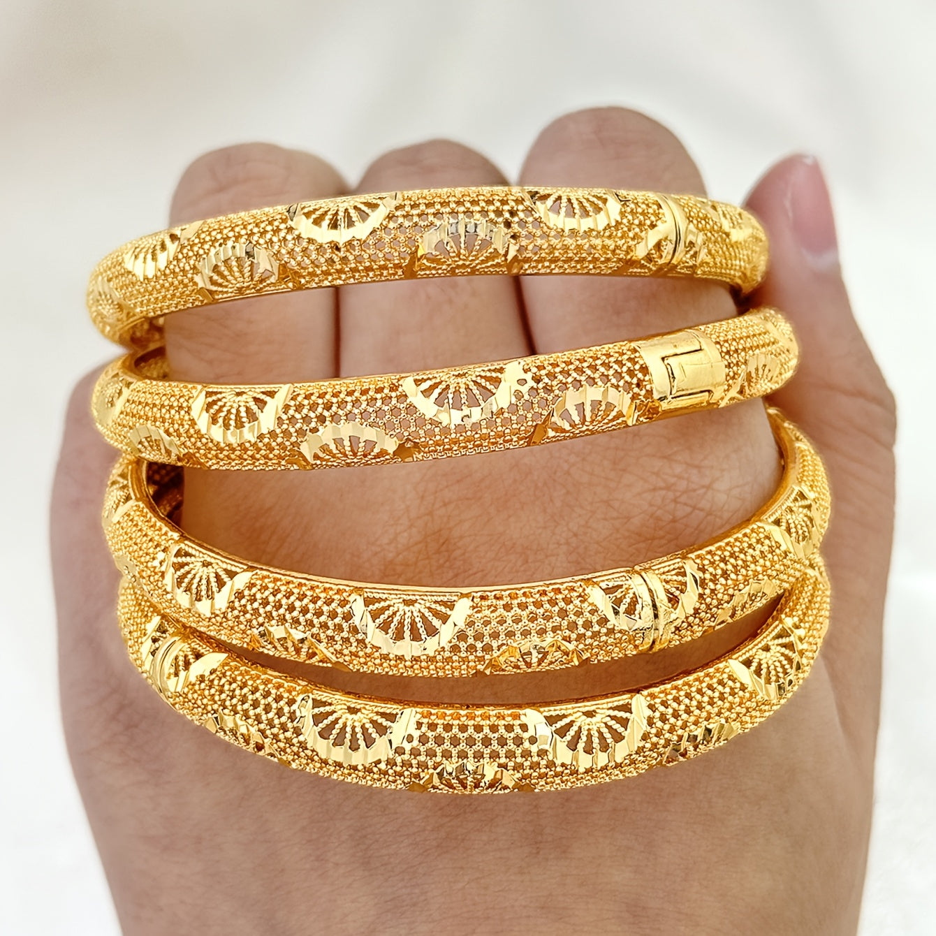 Golden Plated Copper Bangle Set for Women Hollow Circular Stylish Jewelry for Wedding and Daily Wear
