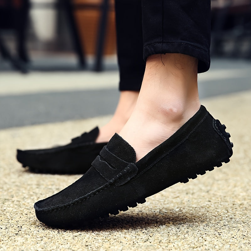 Men's Black Slip-On Loafers Casual British Style Lightweight Suede Rubber Sole