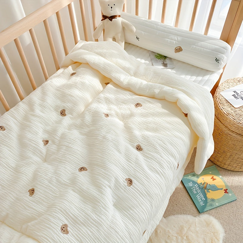 Kids' Soft Cream-Colored Quilt with Embroidered Bear and Rabbit for All Year Use
