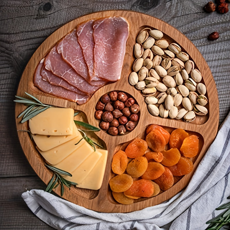 Wooden Cheese Board with Five Grid Dividers for Serving Snacks and Food