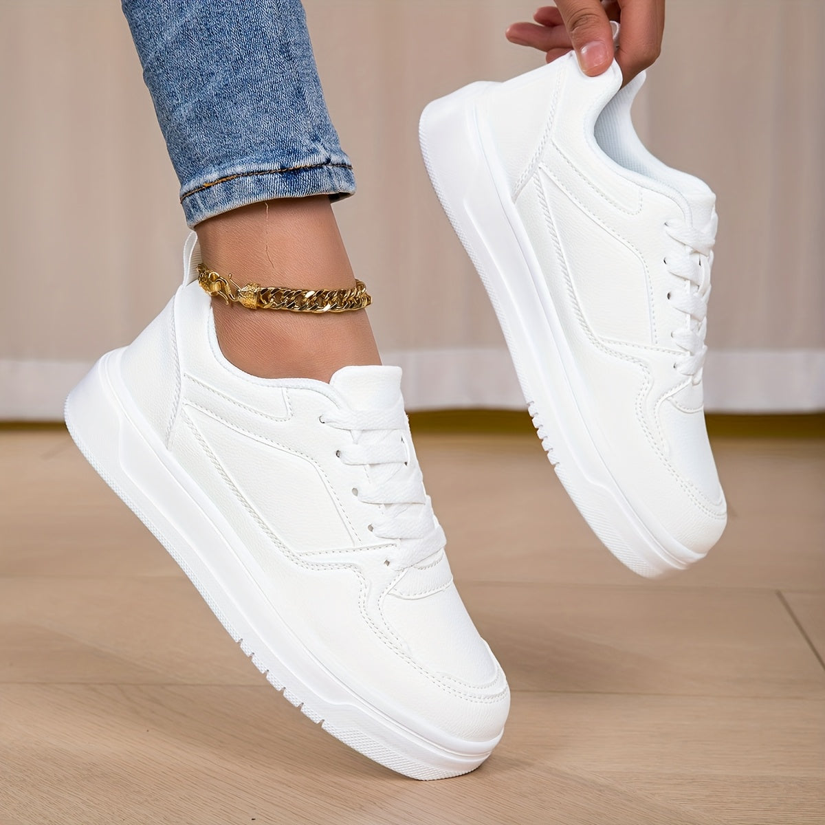 Women's White Low-Top Casual Sneakers Synthetic Fabric Cushioned Sole