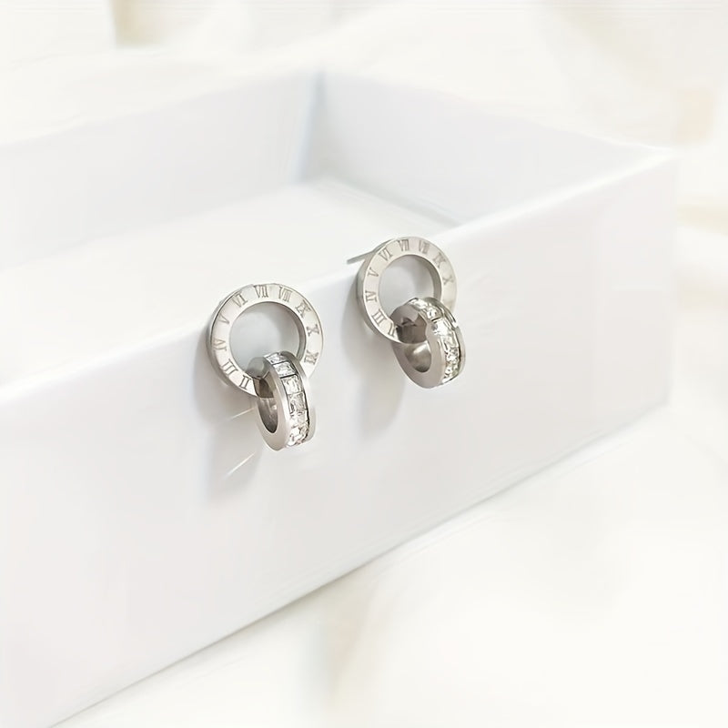 Stainless Steel Jewelry Set with Silver Stones Roman Numerals Bracelet Necklace Earrings