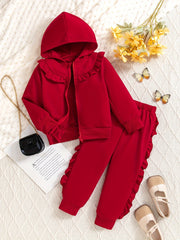 Girls' Long Sleeve Hoodie and Pants Set with Zipper and Lace for Fall Winter