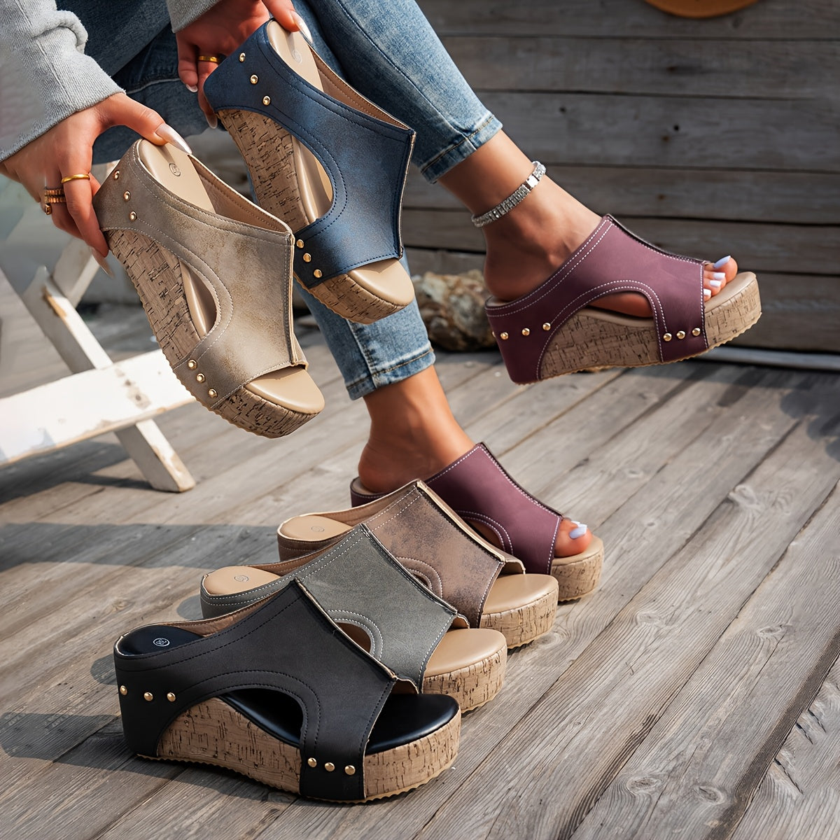 Women's Faux Leather Wedge Sandals Open Toe Slip-On Platform Shoes