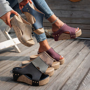Women's Faux Leather Wedge Sandals Open Toe Slip-On Platform Shoes