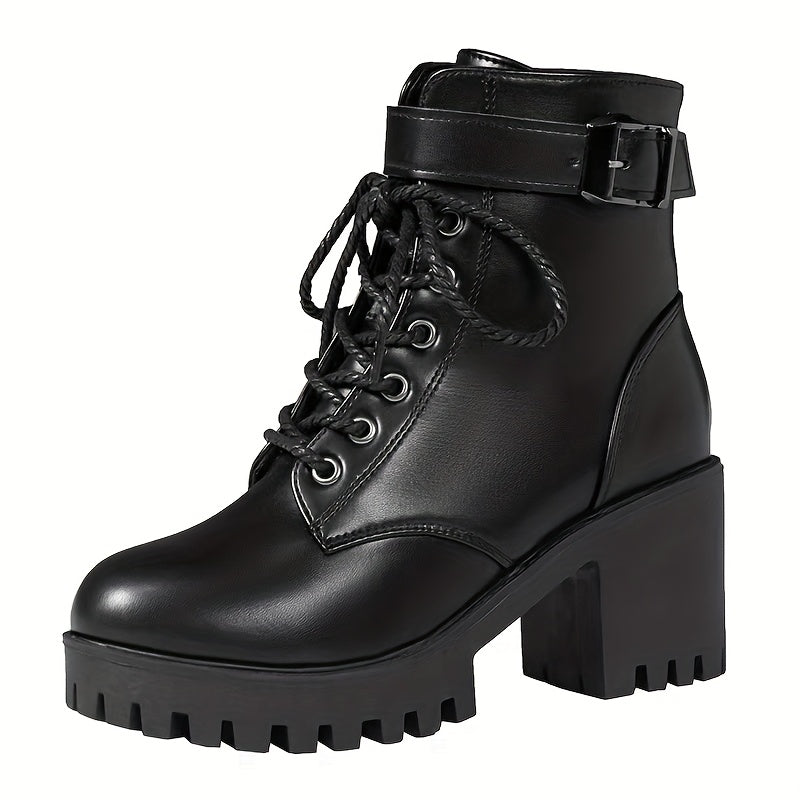 Women Ankle Boots Leather Punk Platform Heel Lace-Up Zipper Black
