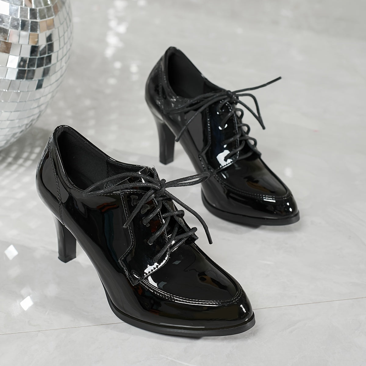 Women's Black Glossy Synthetic Pointed Toe High Block Heel Ankle Boots