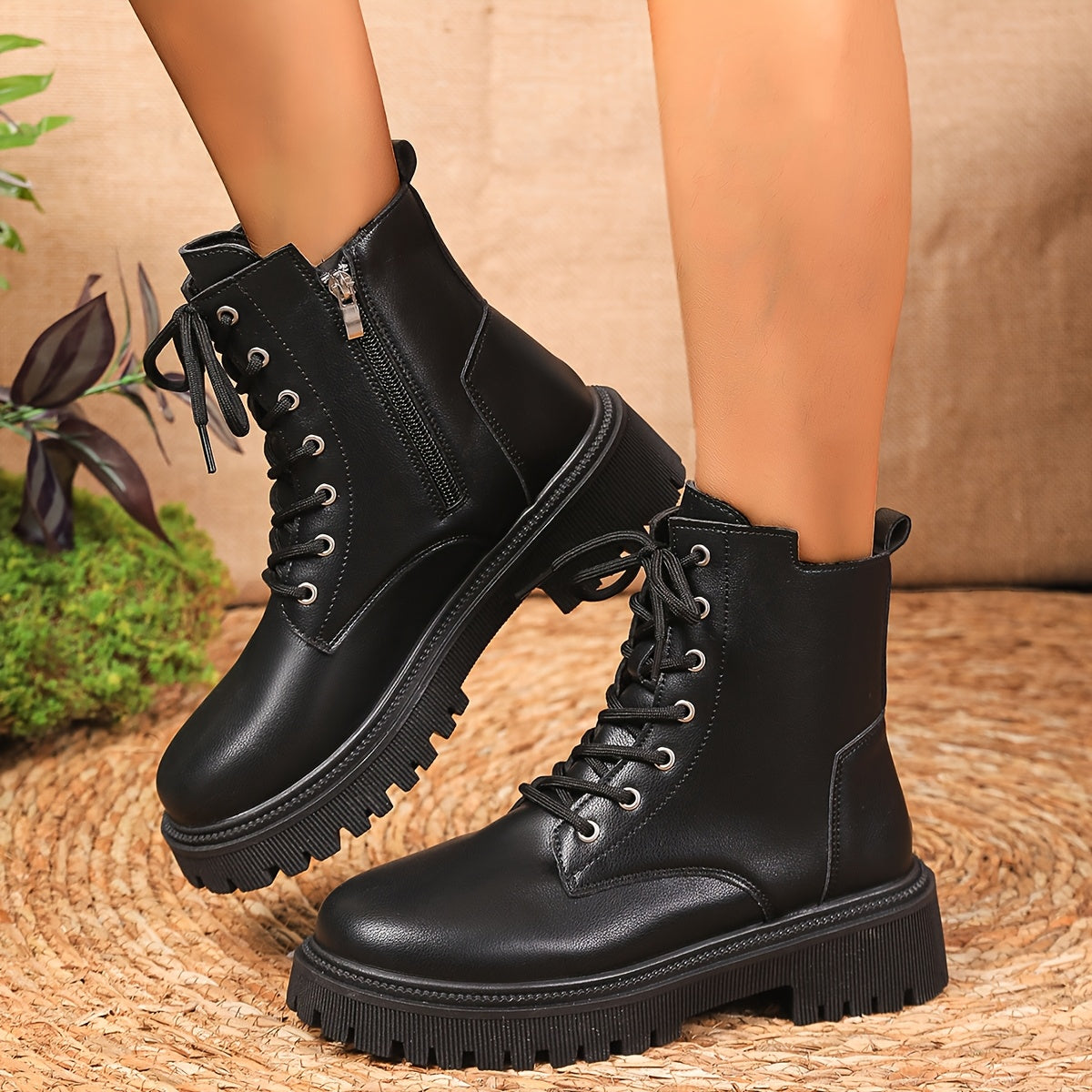 Women Black Platform Combat Boots Lettte Ankle Lace-Up Round Toe