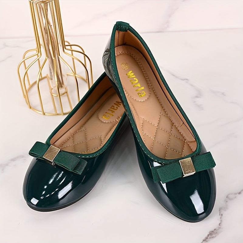Women's Emerald Green Glossy Mary Jane Flats with Bow, Slip-On, Comfort