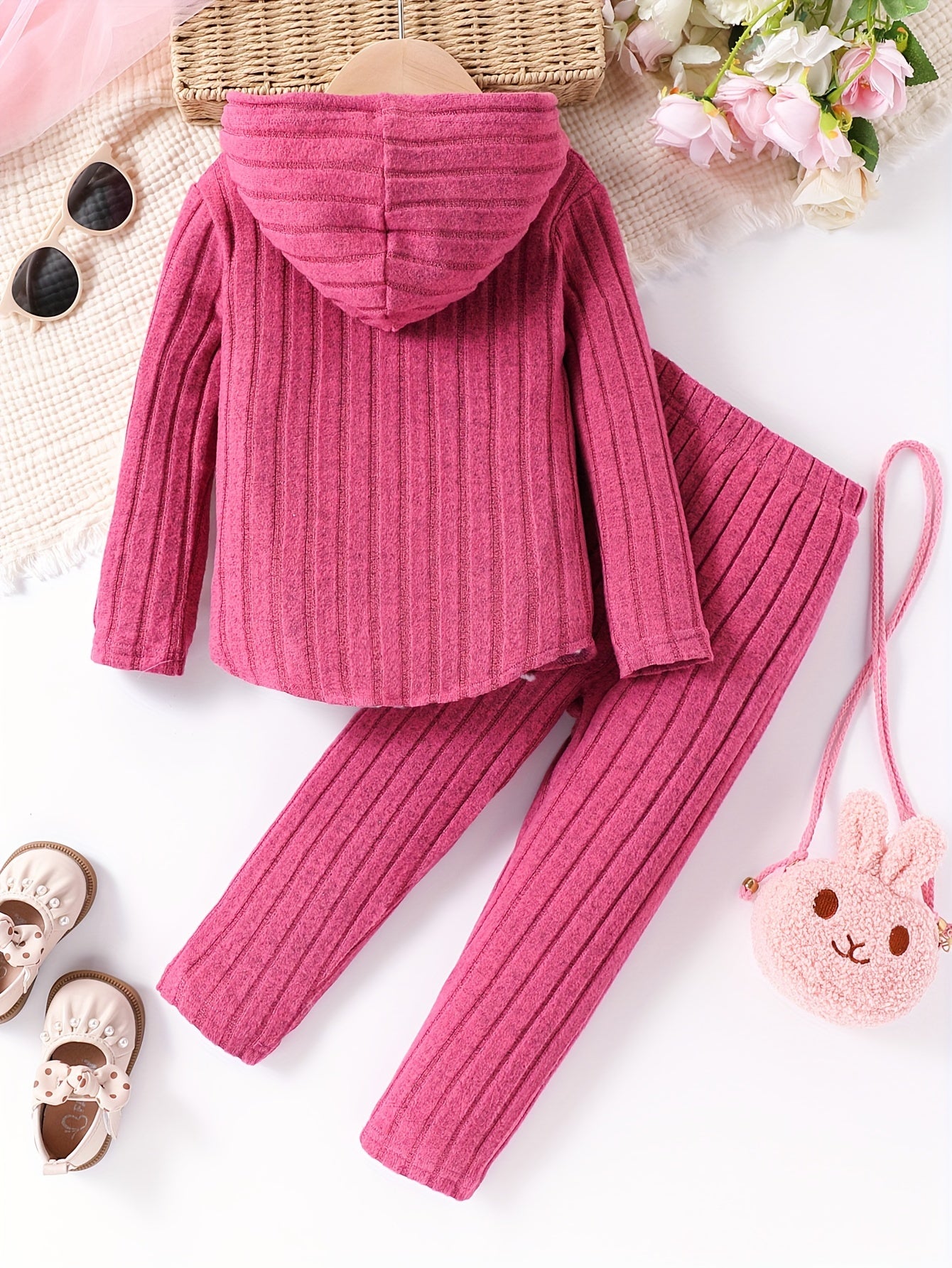 Kids' Cat Print Hooded Top and Soft Pants Set in High Stretch Polyester Knit for Kids 12 and Under