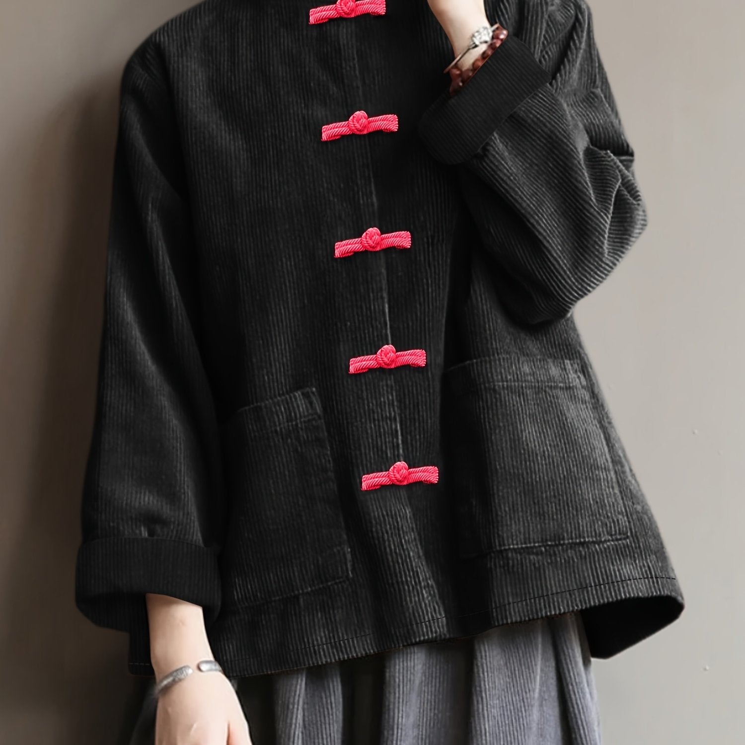 Plus-Size Women's Long Sleeve Top for Spring and Fall Casual Solid Color with Pocket