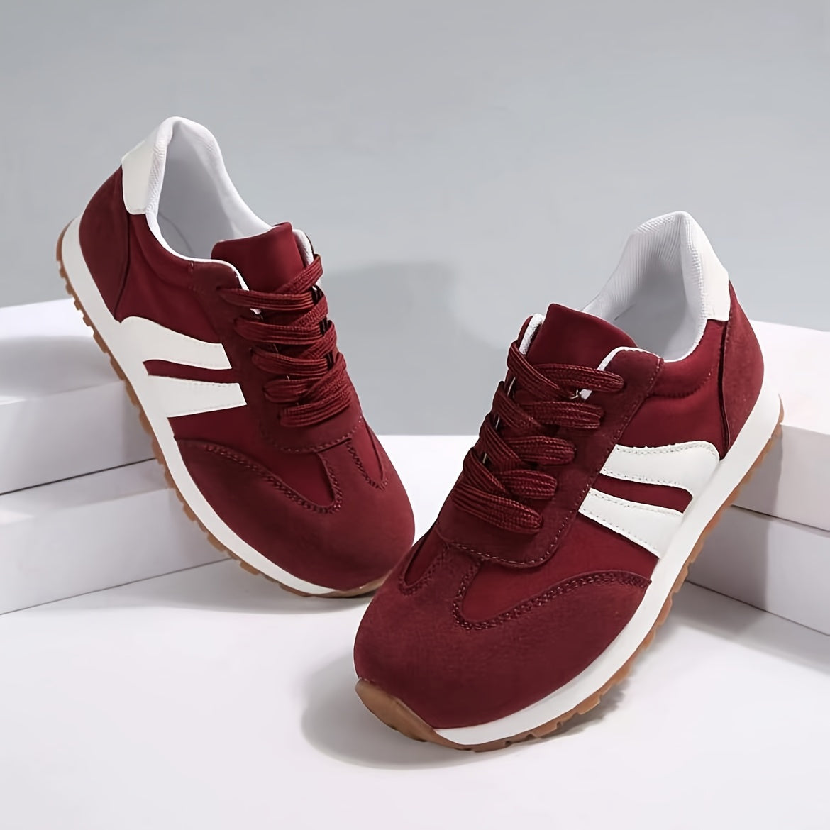 Women's Wine Red Casual Sneakers Non-Slip Lace-Up Round Toe All-Season