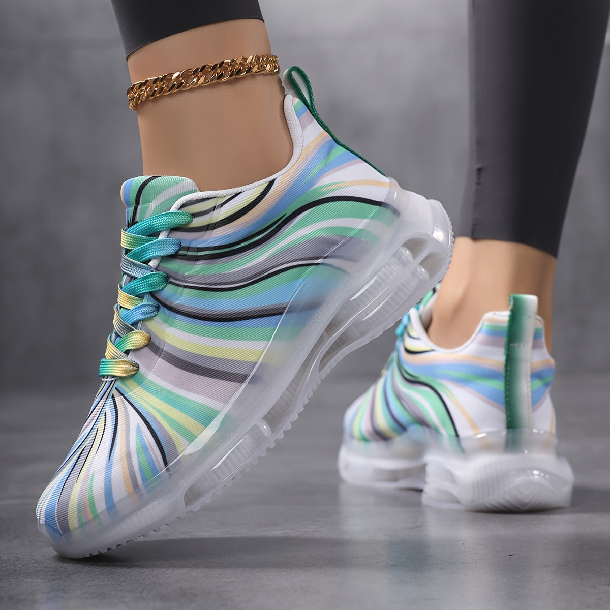 Women’s Rainbow Striped Mesh Sneakers Low-Top Casual Shoes Breathable Flexible