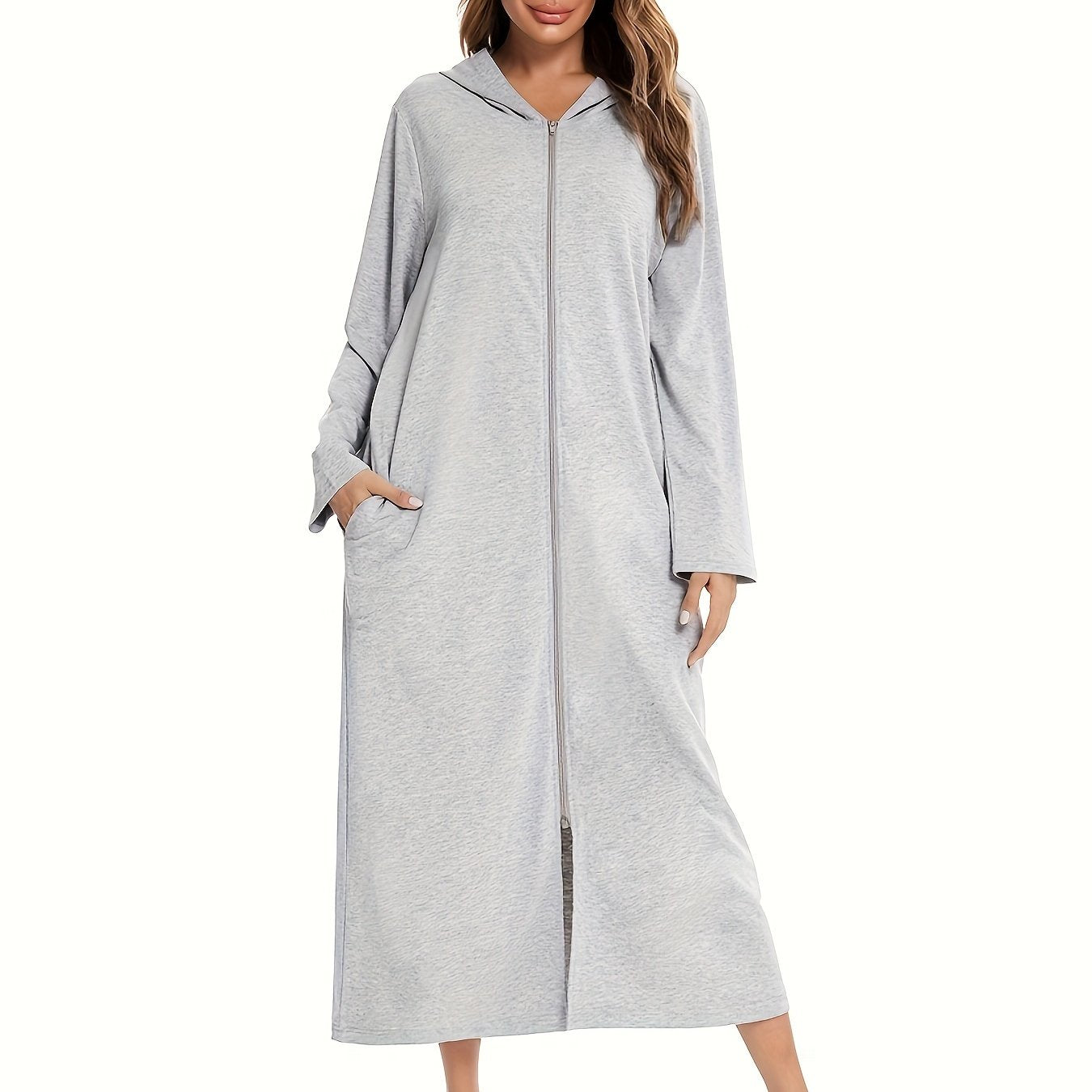 Women's Hooded Zip-Up Lounge Dress Solid Long Sleeve Casual Knit Fabric