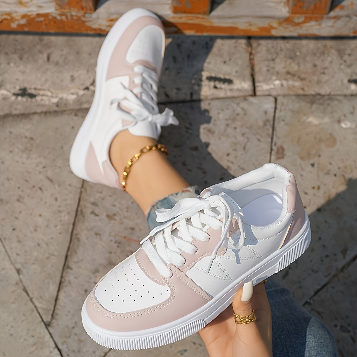 Women's Lightweight Skate Sneakers White Pink Synthetic Upper Breathable Fabric Rubber Sole