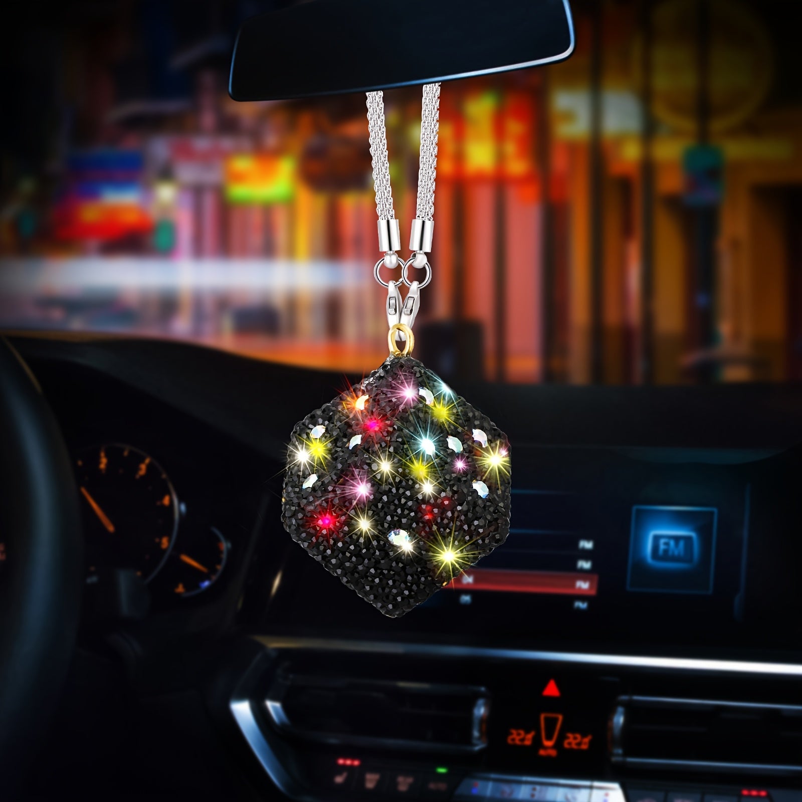 Unisex Stainless Steel Rhinestone Dice Car Rearview Mirror Pendant Auto Accessory