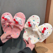 Women's Plush Polka Dot Slippers with Red Bows Fleece Lining Indoor House Shoes
