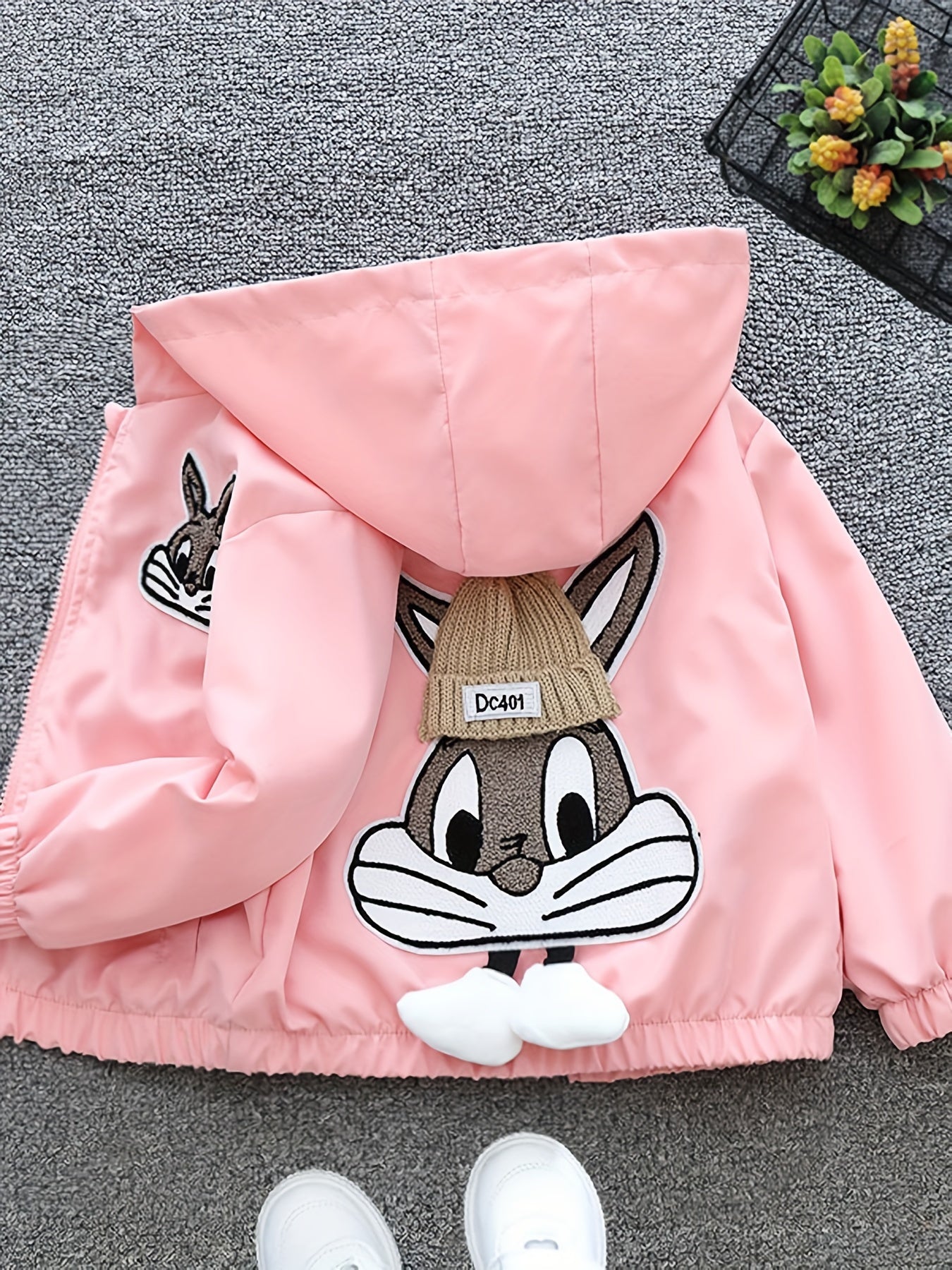 Girls' Long Sleeve Hooded Jacket with Rabbit Embroidery for Spring Fall Casual Kids Outerwear