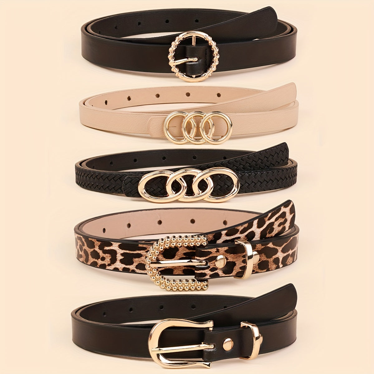 Набор из 5 женских тонких ремней из искусственной кожи в однотонных цветах для платьев и пальто