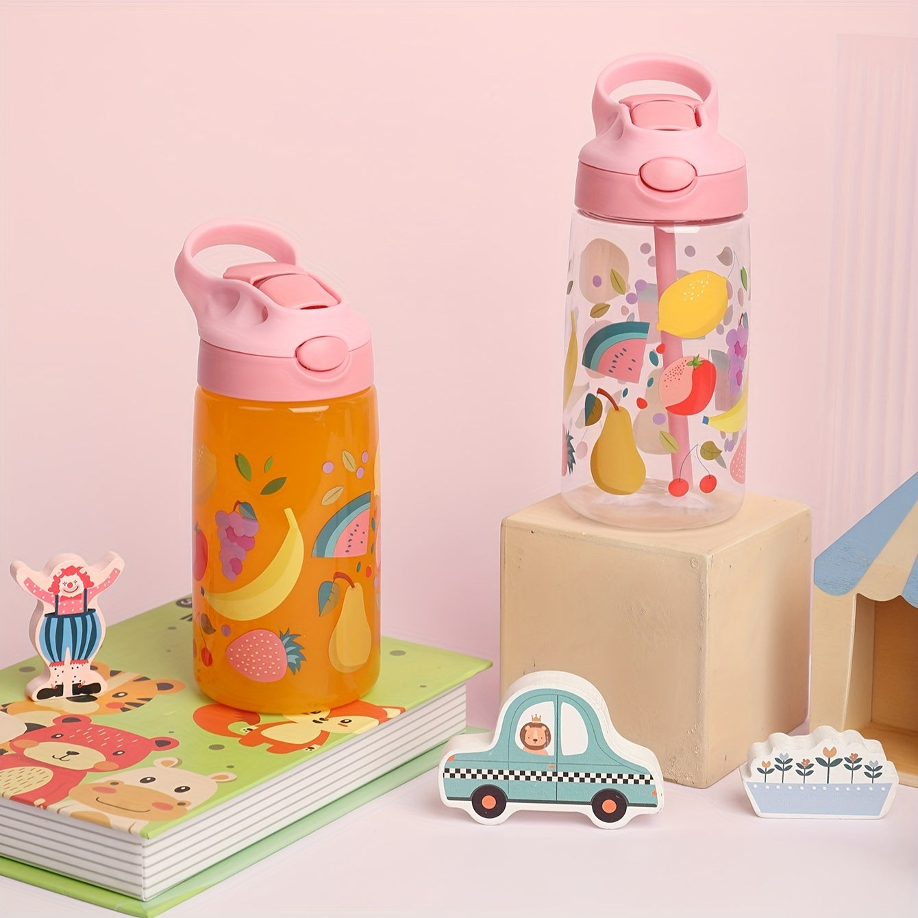 500ml BPA-Free Plastic Water Bottle for Kids with Cartoon Designs and Straw