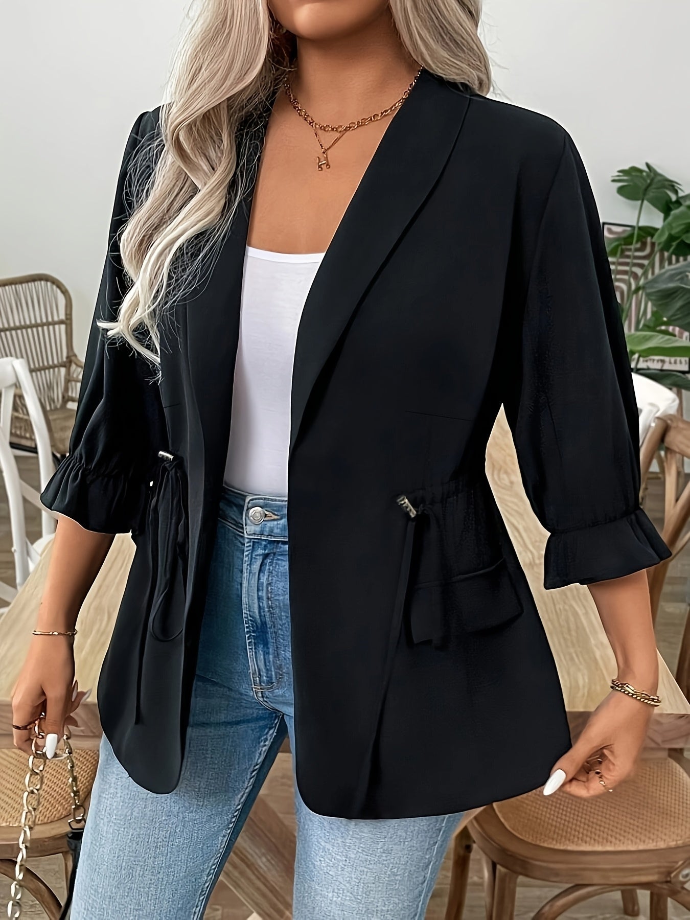 Women's Plus Size Slim Fit Blazer with Pockets Black All-Season Outerwear