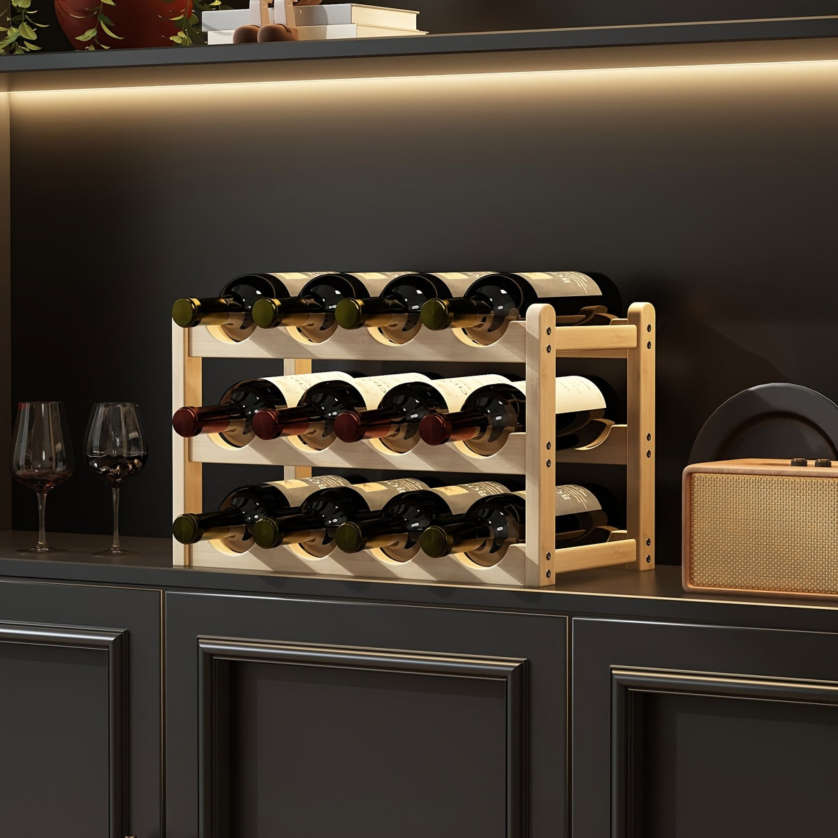 Wood Tiered Wine Bottle Holder with 2/3/4 Tiers Stackable Lacquered