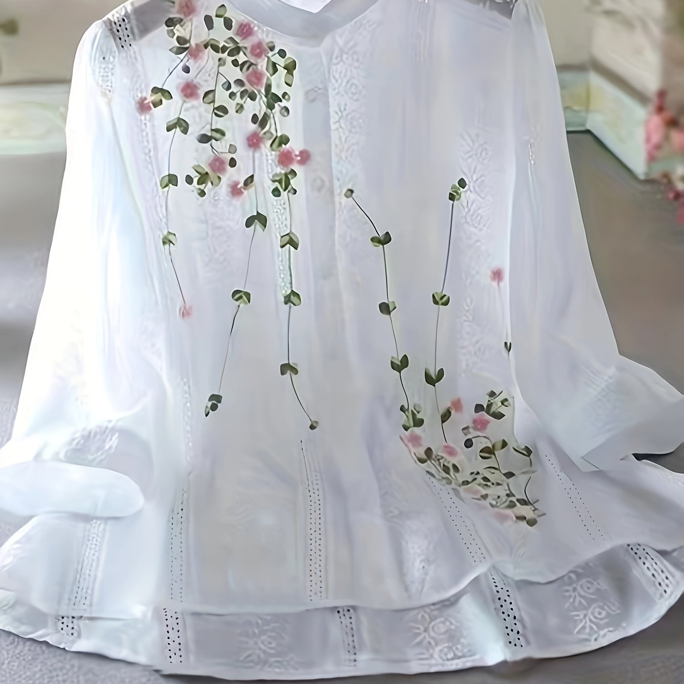 Women's Embroidered Stand Collar Polyester Blouse for Spring Summer Adult Fashion