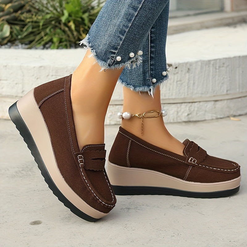 Women's Platform Loafers Slip-On Casual Shoes Non-Slip Solid Color