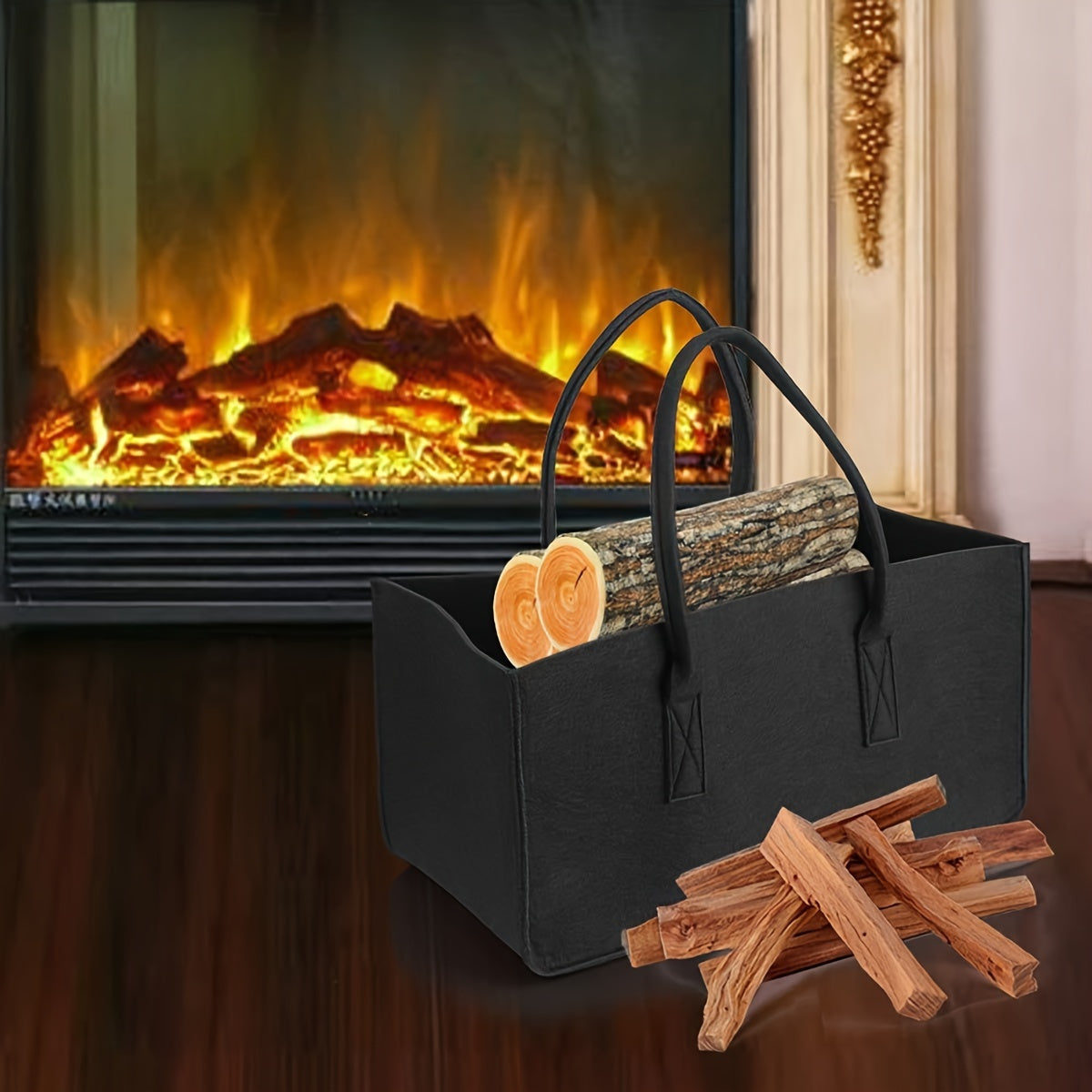 Firewood Tote Bag Sturdy Black Felt Log Carrier for Fireplace Outdoor Storage