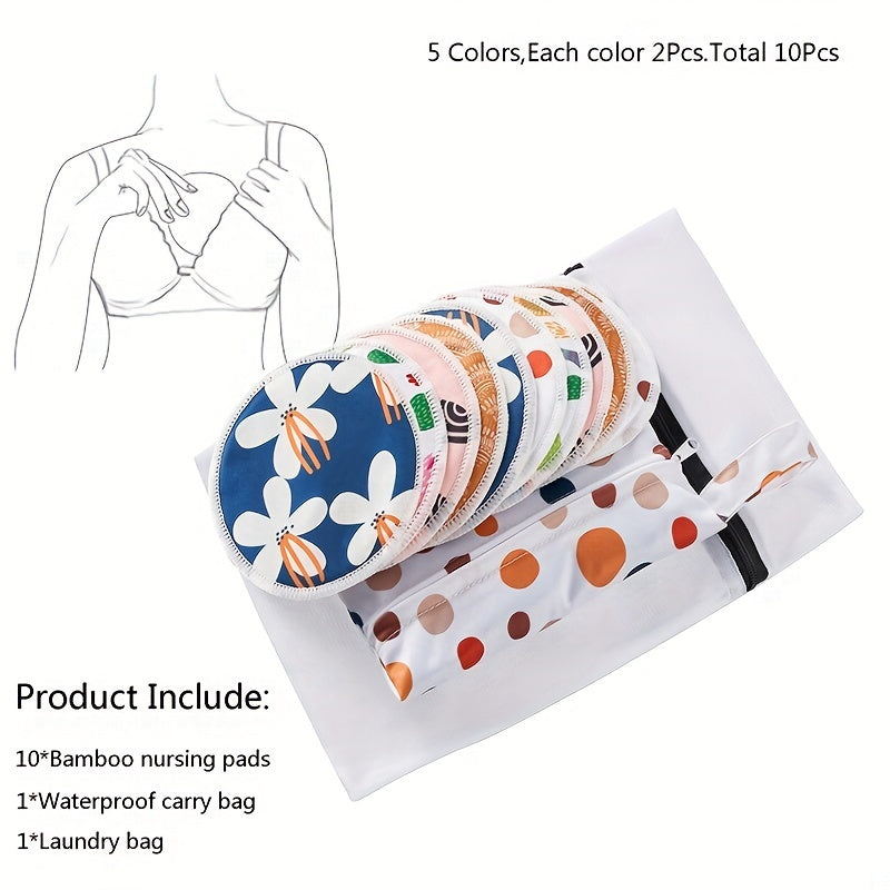 Reusable Bamboo Breastfeeding Nursing Pads Set of 10 Washable with Wet Bag