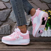 Girls Pink White Roller Skate Sneakers Removable Wheels Heart Design Sports Training
