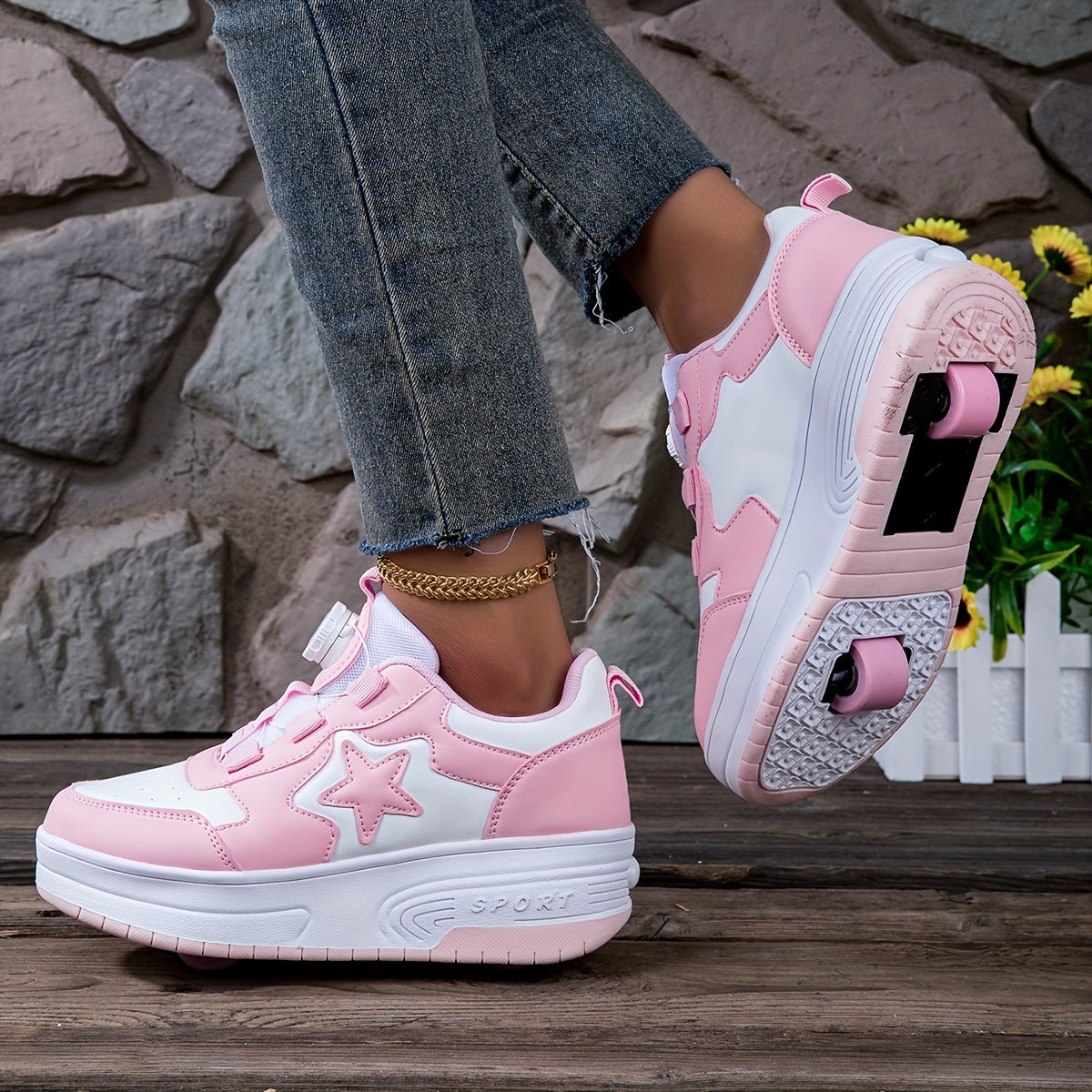 Girls Pink White Roller Skate Sneakers Removable Wheels Heart Design Sports Training