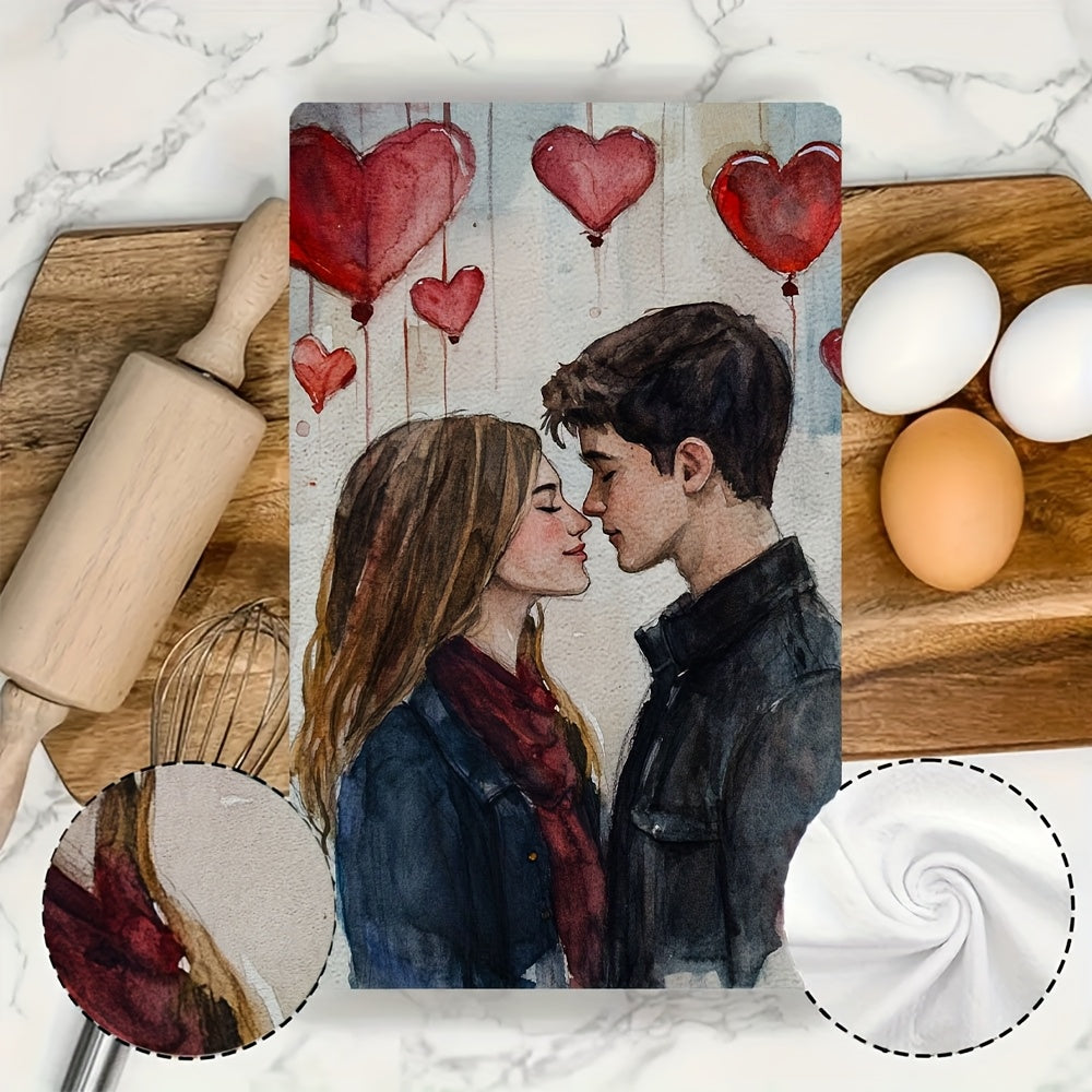 Набор из 2 ультрамягких кухонных полотенец - романтическая тема ко Дню святого Валентина с изображением молодых влюбленных, отличная впитываемость и возможность машинной стирки, современные акварельные дизайны, размер: 40,64x60,96 см, кухонные полотенца.