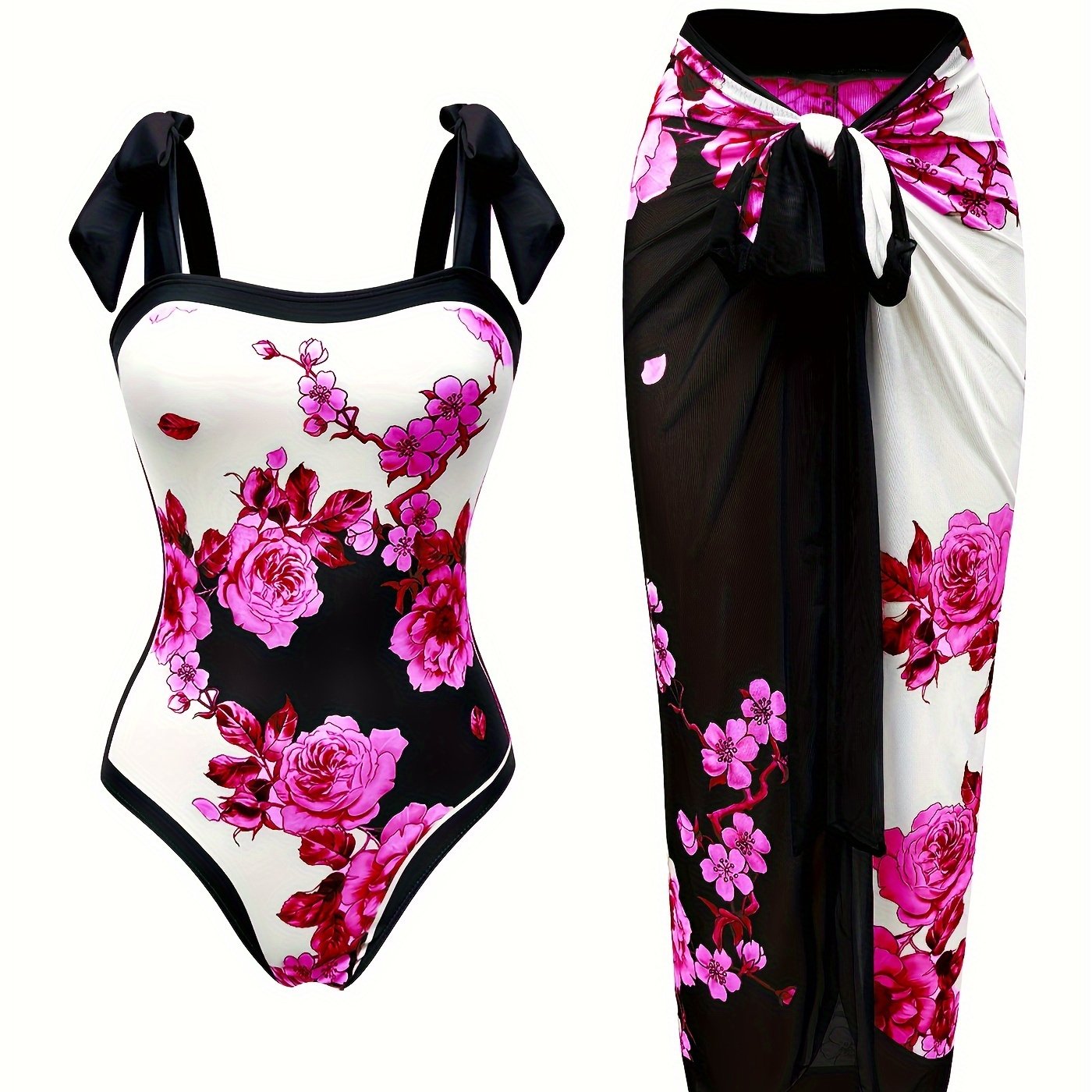 Women's Floral Sun Protection One-Piece Swimsuit with Sheer Skirt Polyester Elastane