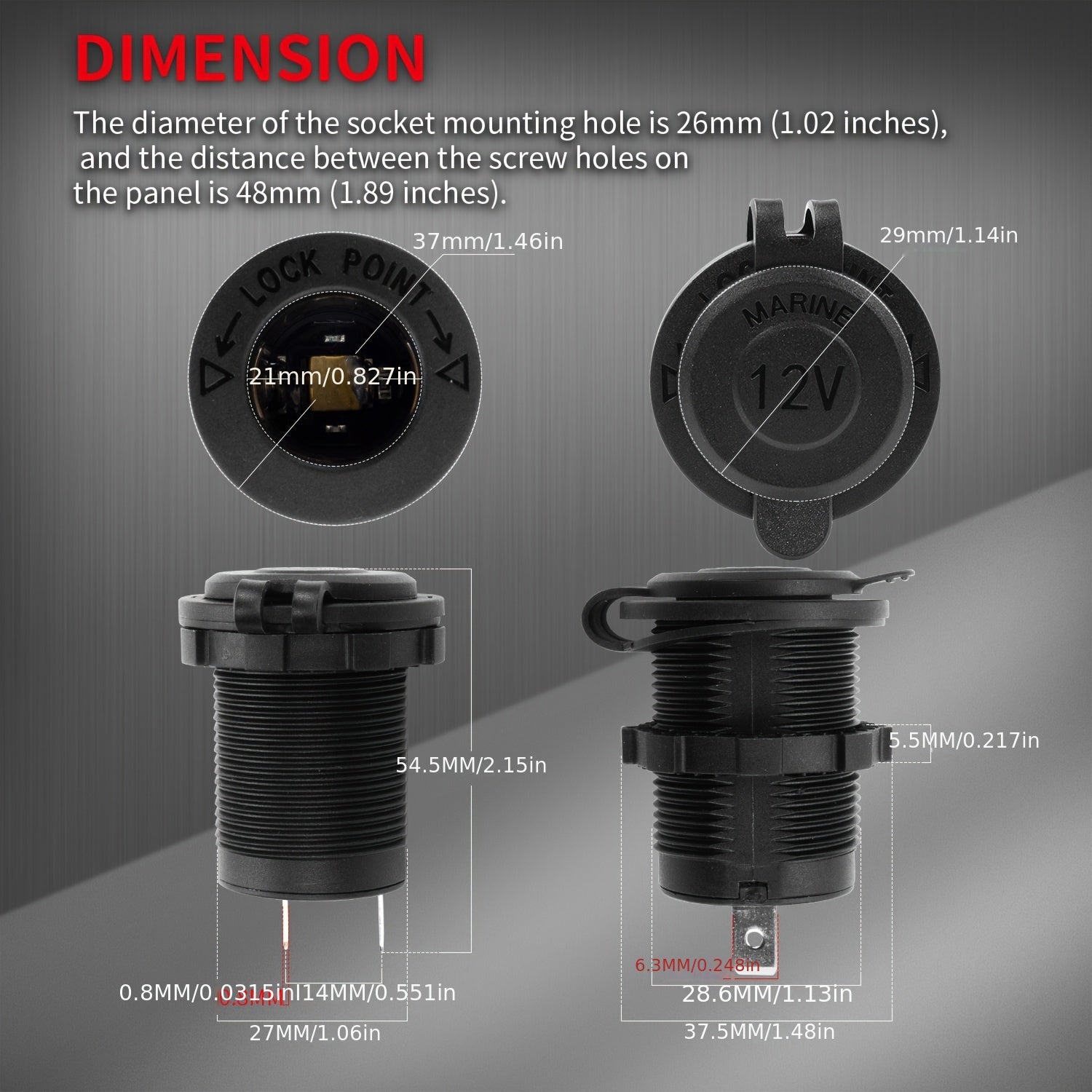 12V Car Socket Blue Lighted with Cover, Cable, Panel, Screw for Vehicles