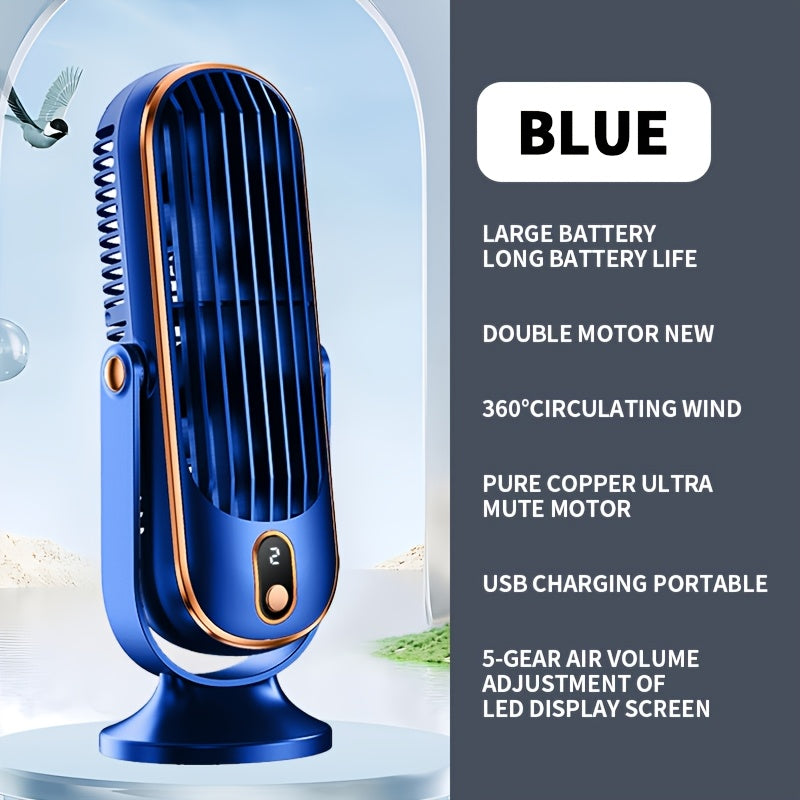 720° Oscillation Table Fan with Dual Motors, 5-Speed, USB Charging
