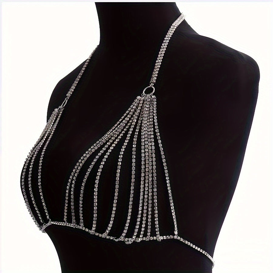 Sexy Crystal Body Chain Halter Neck Bikini Necklace for Vacation Party Wear