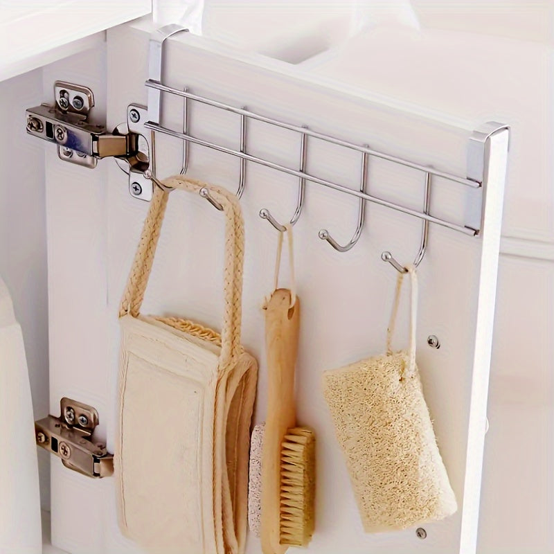 Stainless Steel Kitchen Bathroom Organizer with 5 Hooks for Towels and Utensils