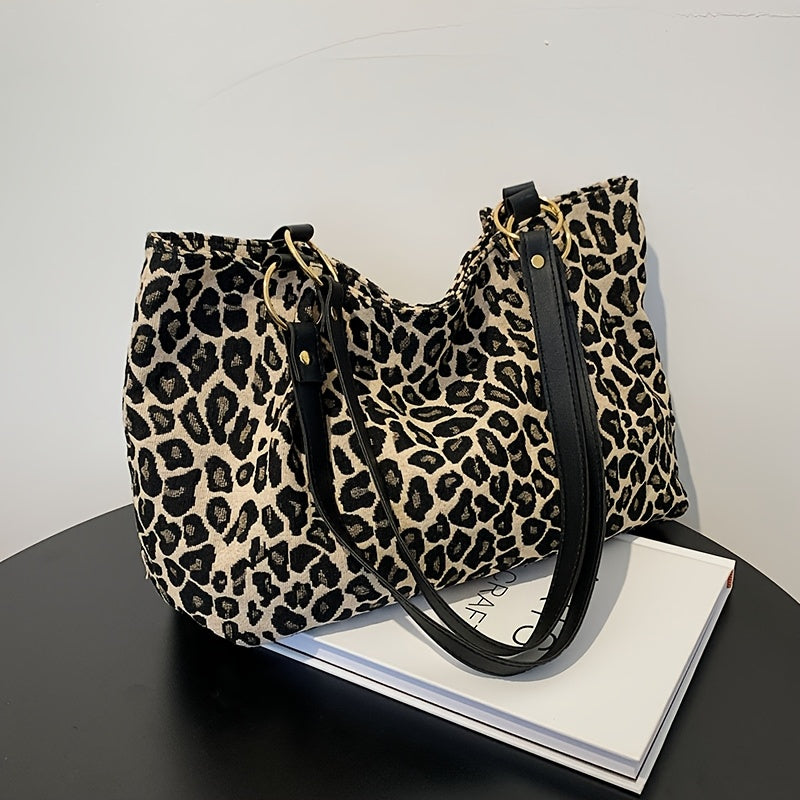 Leopard Print Tote Bag for Women Fabric Black and Gold Large Capacity for Shopping and Commuting