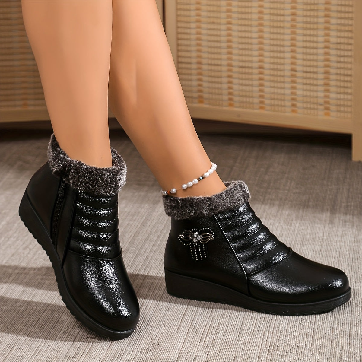 Women's Winter Ankle Boots Snow Shoes Non-Slip Rubber Black Red