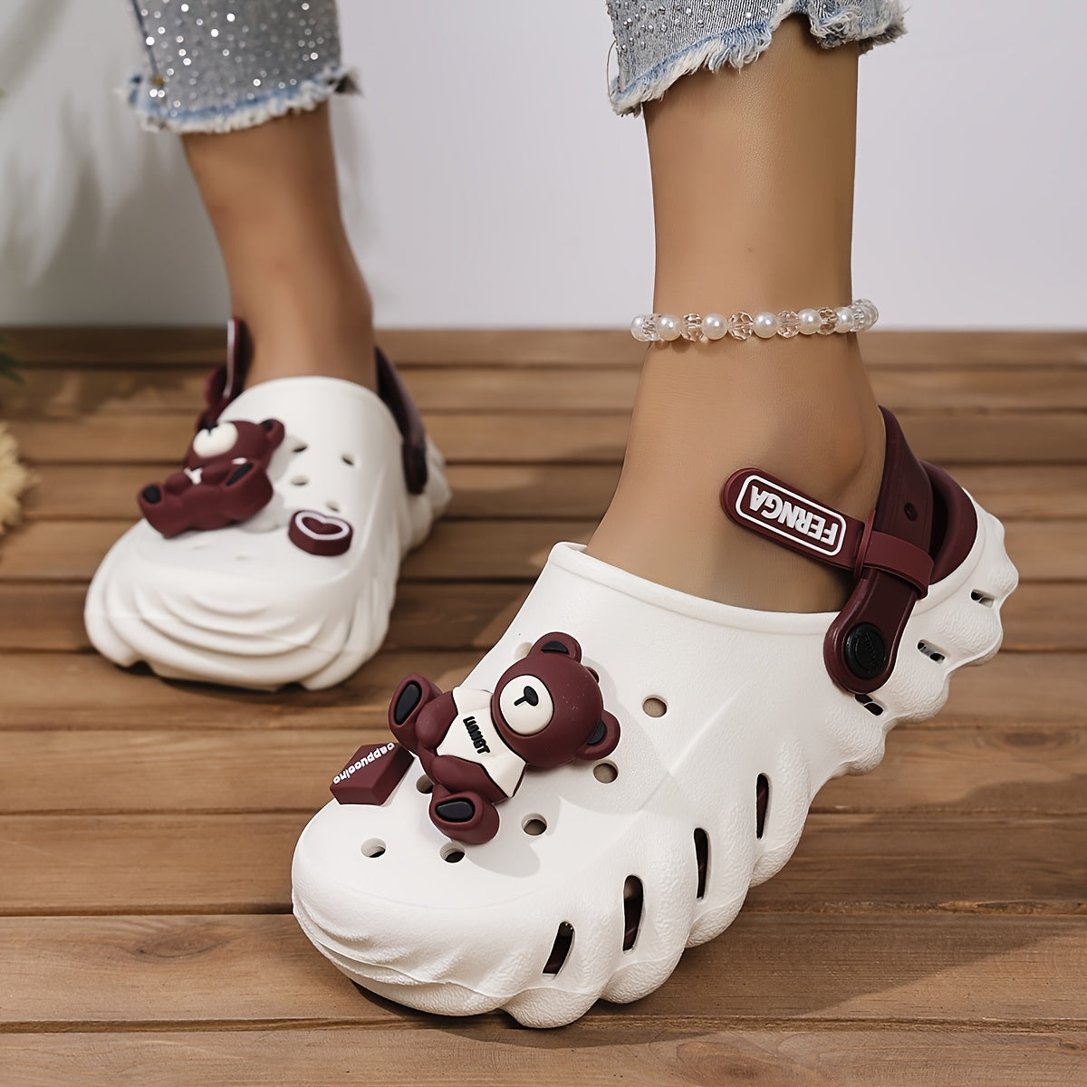 Women's Thick-Soled Clogs with Bear Decor, Hollow-Out Design, Breathable Summer Shoes