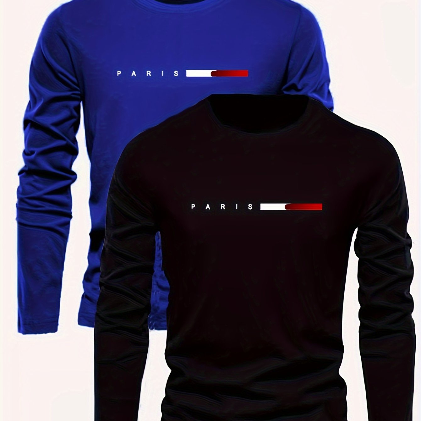 Conjunto de dos camisetas de manga larga para hombre, camisetas casuales de cuello redondo transpirables en azul royal y negro