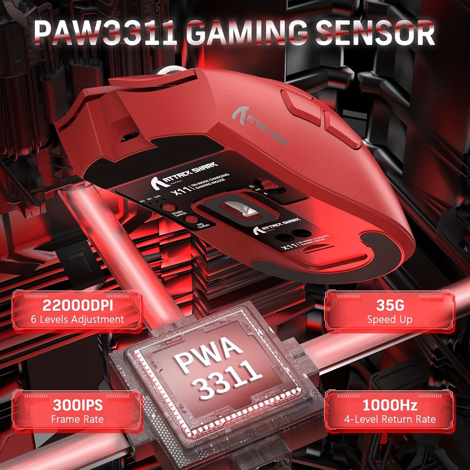 Игровая мышь Attack Shark X11 59G ультралегкая беспроводная с магнитной RGB зарядной станцией, 22000 DPI, 5 программируемых кнопок для ПК/ноутбука/Mac.