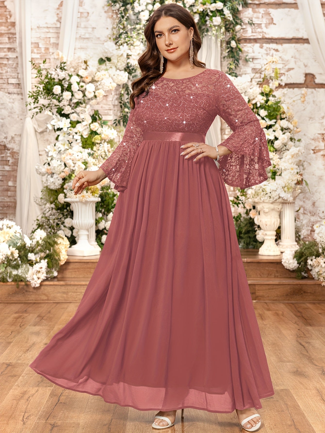 Plus Size Women's Sequin Long Dress Crew Neck Three Quarter Sleeve Evening Party