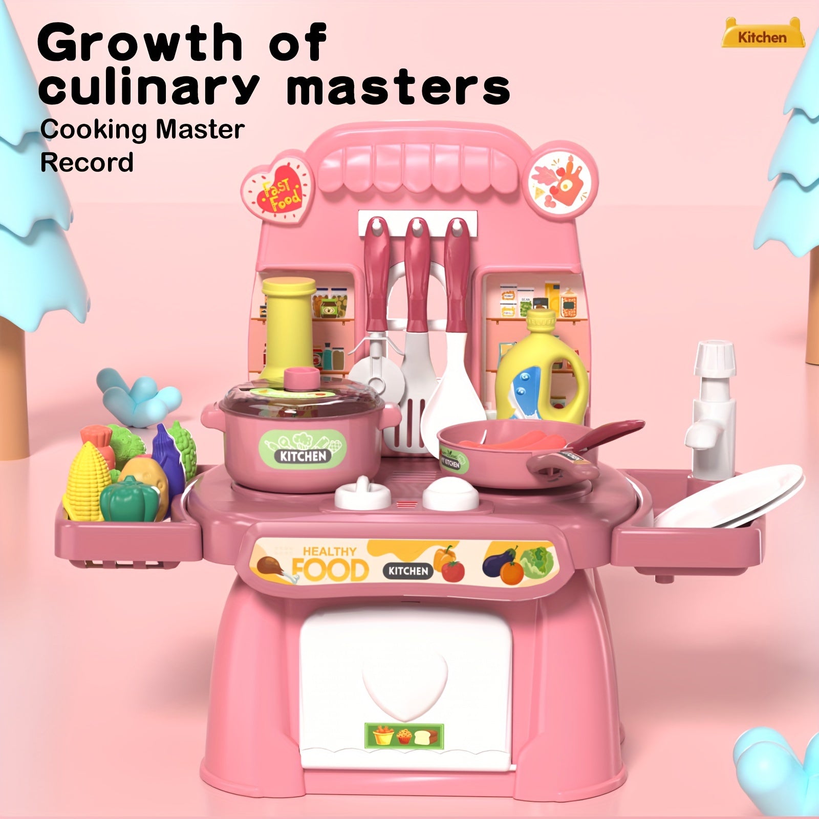 Pink Kids Kitchen Toy Set with Light and Sound, Food and Utensils, 3+