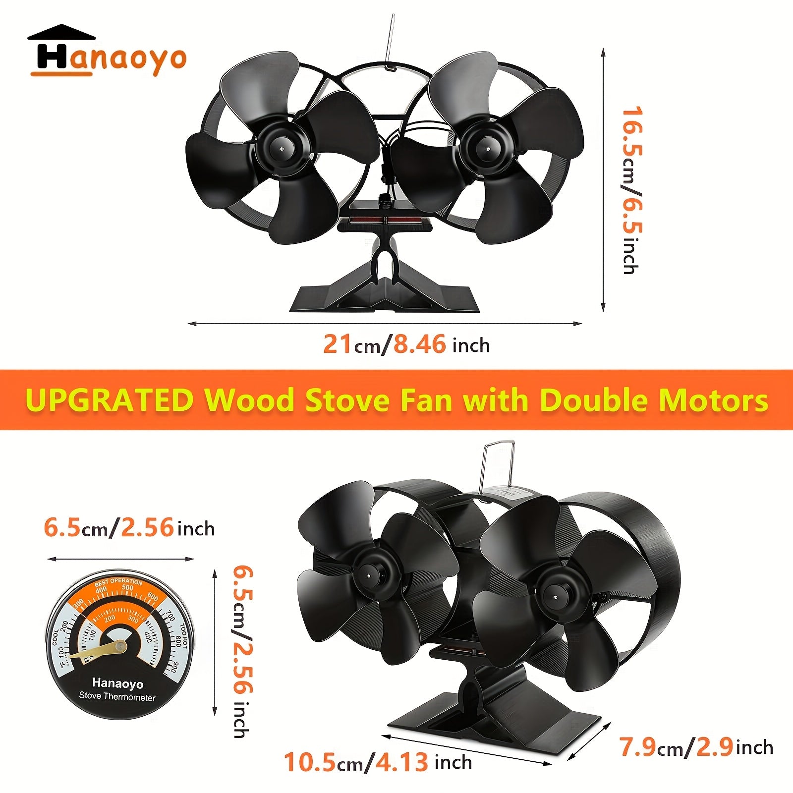 Wood Stove Fan with Dual Motors, Heat Powered Fireplace Fan, Magnetic Thermometer